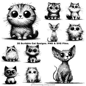 Könnte beinhalten: Eine Sammlung von 20 Kritzelkatzen-Designs in Schwarzweiß. Jede Katzenillustration hat große Augen und einzigartige Fellstrukturen. Der Text "20 Scribble Cat Designs. PNG & SVG Files" ist enthalten.