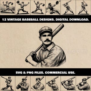 May include: Twelve vintage illustrations of baseball players in black and white. Each illustration depicts a player in a different pose, holding a bat or a ball. The illustrations are ideal for use in digital projects, such as website design, social media graphics, and print-on-demand products.