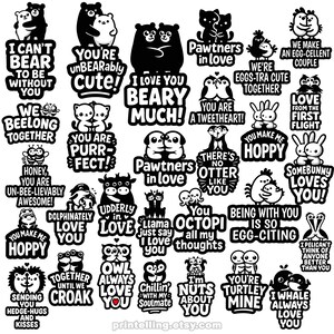Cute Animals with Funny Love Quotes; 33 Romantic Puns to Design Stickers, T-Shirts, Decor, Cards, Gifts for Loving Couples, PNG & SVG Bundle