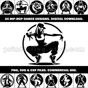 Könnte beinhalten: 24 Schwarzweiß-Hip-Hop-Tanzdesigns. Die Designs zeigen eine Tänzerin in verschiedenen Posen. Der Text "24 HIP-HOP DANCE DESIGNS. DIGITAL DOWNLOAD." befindet sich oben im Bild. Der Text "PNG, SVG & DXF FILES. COMMERCIAL USE." befindet sich unten im Bild.