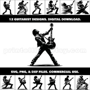 Gitarrist PNG, SVG, DXF Clipart Bundle zum Design von Musik Merch, Tonstudio Dekor, Wandkunst, Shirts, Geschenke, Laser und Cricut Crafts