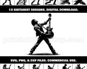 Puede incluir: Doce ilustraciones en silueta en blanco y negro de guitarristas tocando guitarras eléctricas. Las ilustraciones están en una variedad de poses y estilos. El texto "12 GUITARIST DESIGNS. DIGITAL DOWNLOAD." está en la parte superior de la imagen. El texto "SVG, PNG, & DXF FILES. COMMERCIAL USE." está en la parte inferior de la imagen.