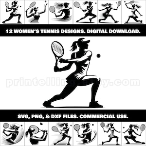 Pacote de clipart SVG, PNG e DXF de tênis feminino; 12 imagens de garotas de tênis para produtos, arte de parede, decoração, camisetas, adesivos, artesanato a laser e Cricut
