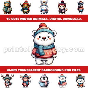 Cute Animals in Winter Clothes PNG Clipart Bundle; 10 Cartoon Images for Christmas, New Year & Winter Decor, Shirts, Nursery Wall Art