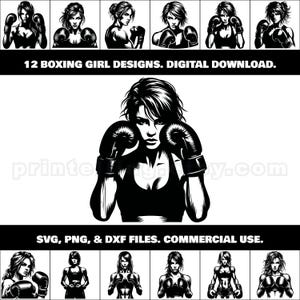 Paquete de imágenes prediseñadas SVG, PNG y DXF de boxeadoras; 12 imágenes de boxeadoras para artículos de merchandising, arte mural, decoración de gimnasios, camisetas, pegatinas, manualidades con láser y Cricut