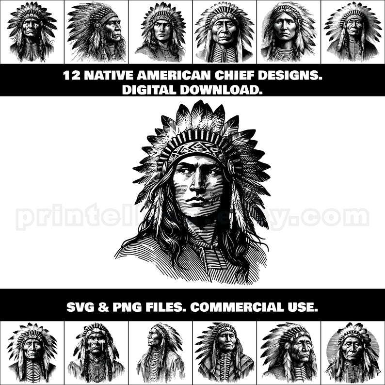 Native American Chief Portrait Art: PNG & SVG Clipart Bundle (digital ...