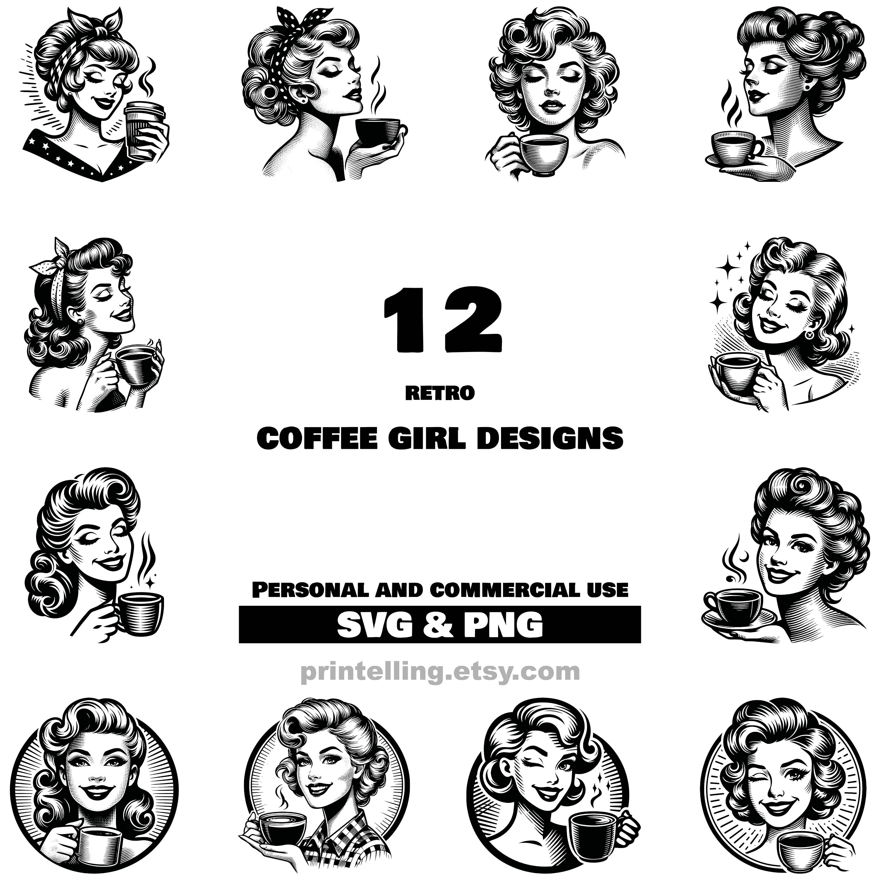 Retro Coffee Girl SVG & PNG Bundle; 12 Vintage Pinup Style Images