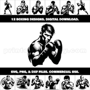 Paquete de imágenes prediseñadas de boxeo en formato SVG, PNG y DXF; 12 imágenes de boxeadores rudos para marcas, anuncios, productos, camisetas, carteles, decoración, calcomanías y manualidades con láser y Cricut