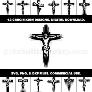 Paquete de imágenes prediseñadas SVG, PNG y DXF de Jesús en la cruz; 12 diseños de crucifixión para camisetas, carteles, decoración de paredes, calcomanías, manualidades con Cricut y láser