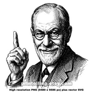 Puede incluir: Retrato en blanco y negro de un hombre con gafas, barba y traje, señalando hacia arriba con el dedo índice. La imagen tiene un estilo vintage grabado. El texto "printelling.etsy.com" está en la parte inferior.