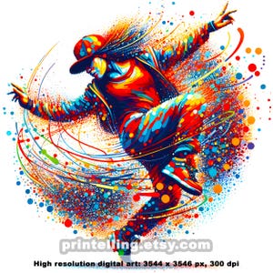 Puede incluir: Una ilustración digital colorida de una persona bailando breakdance con un esquema de color rojo, azul y amarillo. La persona lleva un atuendo rojo y azul y una gorra de béisbol. El fondo es un lienzo blanco con líneas y puntos de colores.