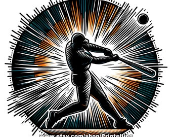 May include: A black and white illustration of a baseball player swinging a bat in a circular frame with a burst of orange and teal rays.