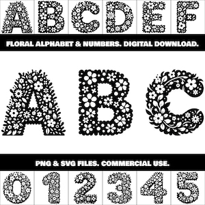 Pacote de alfabeto floral e números SVG e PNG para criar decoração de casamento, convites, sinalização de eventos, branding para floristas, artesanato DIY, presentes