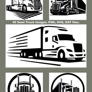 May include: A collection of black and white semi-truck illustrations. The images include various views of the trucks, including front, side, and angled perspectives. The text "45 Semi Truck Images. PNG, SVG, DXF files" is also present.