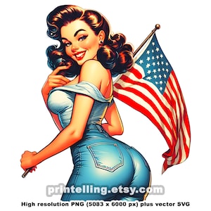Heißes pastelliges Pinup-Girl in Jeans SVG & PNG Clipart; 4 Retro Style Designs mit Amerikanischen Flaggen für Shirts, Poster, Merch