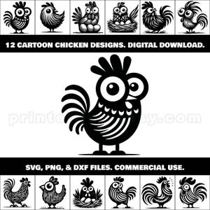 Funny Cartoon Chicken SVG, PNG & DXF Bundle | Farm Animal Clipart for Branding, T-Shirts, Home Decor, Crafts and More | Commercial Use
