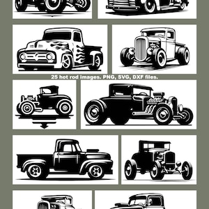 May include: Black and white illustrations of classic hot rod cars and trucks. The image includes various designs of vintage vehicles, showcasing their unique features and styles. Text reads "25 hot rod images. PNG, SVG, DXF files."
