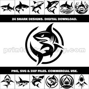 Shark SVG, PNG, DXF Clipart Bundle; 24 Designs for Shirts, Wall Art, Decor, Mascots, Decals, Stickers, Tattoo, Merch, Laser and Cricut Art