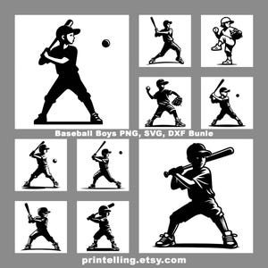 Può includere: Una collezione di illustrazioni di baseball in bianco e nero. Le immagini raffigurano giocatori di baseball in varie pose d'azione, tra cui battuta, lancio e gioco sul campo. Il testo "Baseball Boys PNG, SVG, DXF Bundle" e l'URL del negozio Etsy sono inclusi.