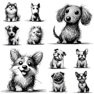May include: A collection of nine black and white sketched dog illustrations. The dogs vary in breed and pose, including a husky, terrier, dachshund, corgi, bulldog, pug, and French bulldog. Each drawing has a unique, textured style.