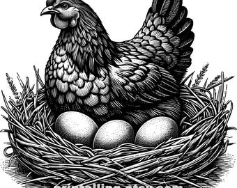 Vintage höna och ägg Clipart: Rustikt bondgård PNG SVG-paket