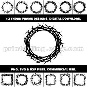 Ensemble cadre épineux SVG, PNG, DXF ; 12 images rondes et carrées pour projets créatifs Créations et créations inspirées de la couronne d'épines pour Pâques