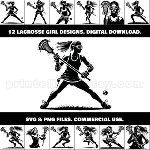 Pacote de clipart SVG e PNG de meninas de lacrosse; 12 designs para camisetas, arte de parede, decoração, produtos esportivos, adesivos, decalques, artesanato a laser e Cricut
