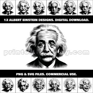Albert Einstein Portrait SVG Bundle: 12 Black & White Designs (Digital Download)