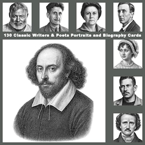 Puede incluir: Una colección de 130 tarjetas de retratos y biografías de escritores y poetas clásicos con ilustraciones grabadas en blanco y negro de figuras literarias famosas, incluyendo a William Shakespeare, Ernest Hemingway y Jane Austen.