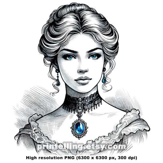Victorian Lady Portrait Prints: Gemstone Necklace, Vintage Fashion