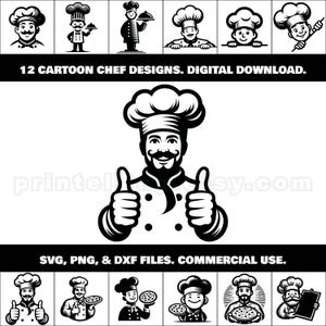 Cartoon Chef SVG, PNG & DXF Bundle; 12 Fun Chef Clipart Images for Branding, Menu Design, Packaging, Signage, Wall Decor, Window Decals