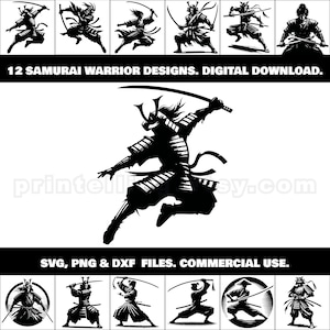 Samurai Warrior PNG, SVG, DXF Clipart Bundle; 12 Designs to Create Wall Art, Decor, Shirts, Decals, Laser and Cricut Crafts, Gifts, Merch