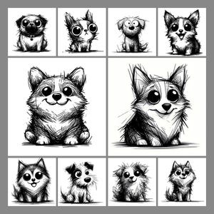 May include: A collection of nine black and white cartoon dog illustrations. Each dog has large eyes and a unique expression, rendered in a sketchy, artistic style. The dogs are of various breeds, including a pug, corgi, and husky.