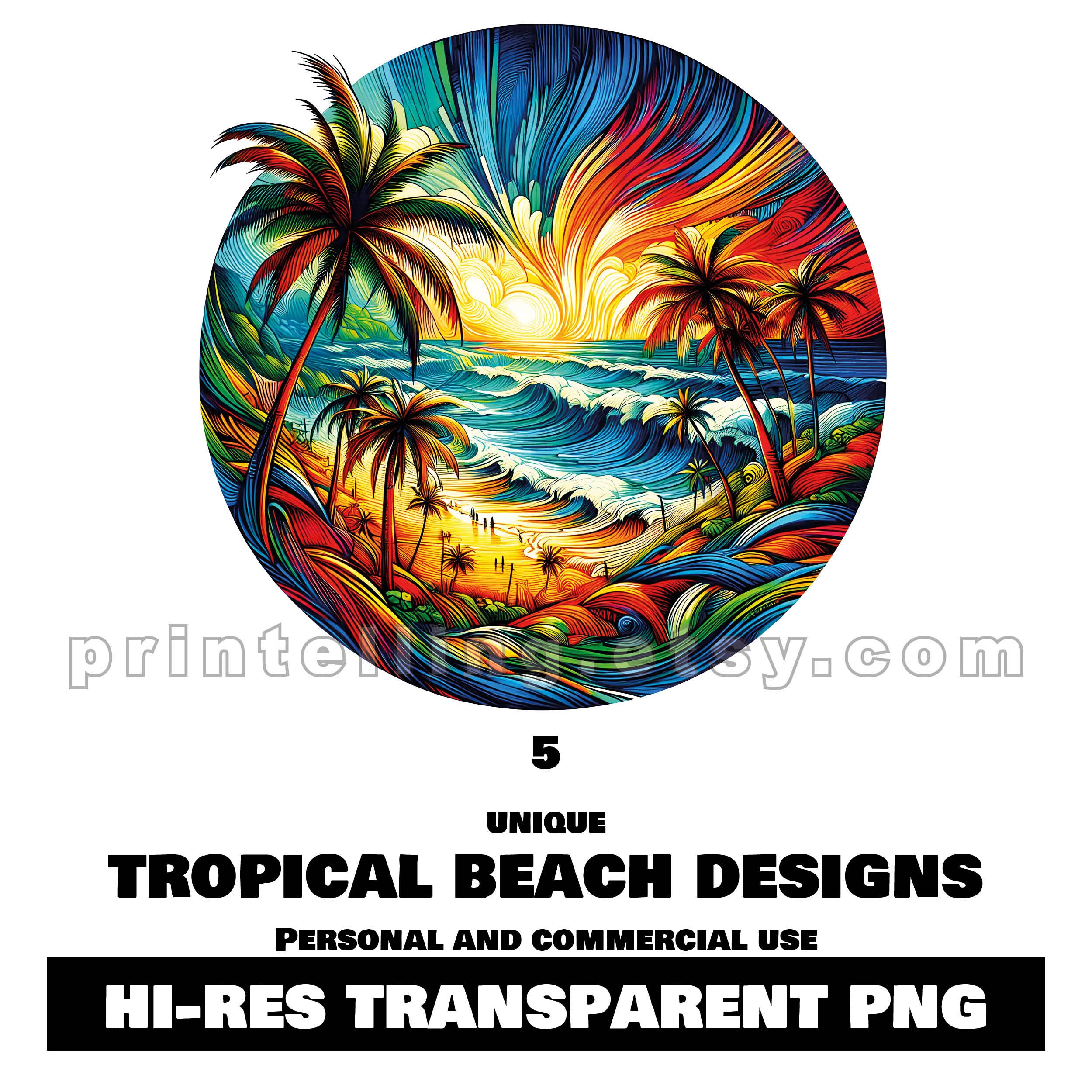 Tropical Beach Clipart Bundle: Palm Trees & Sunset (PNG, Commercial Use ...