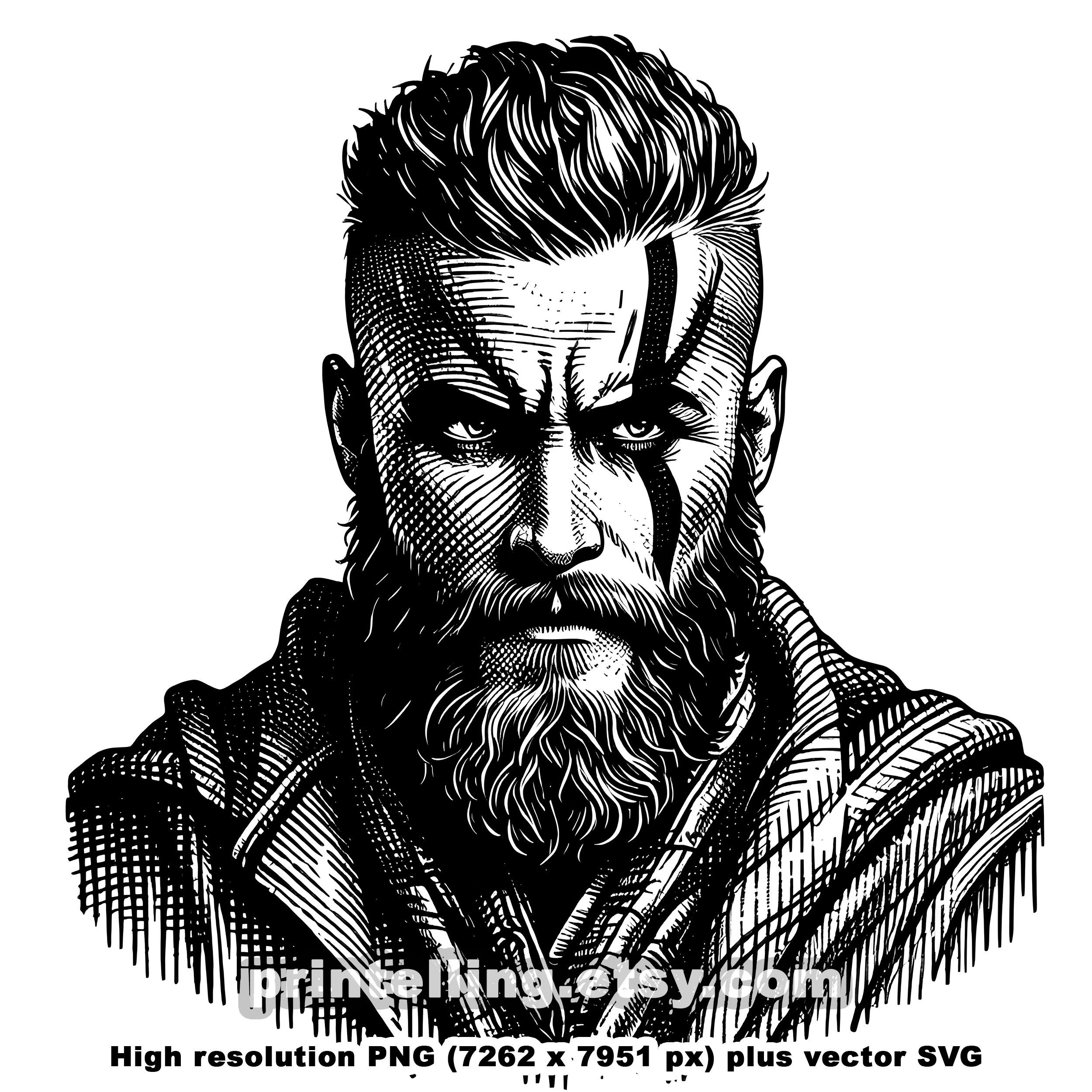 Ragnar Lothbrok Viking Portrait: Engraving Style PNG & SVG Designs