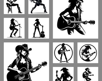 Countrymusik SVG & PNG Clipart-paket; 48 cowgirlsångerska med gitarrdesigner; Digital nedladdning