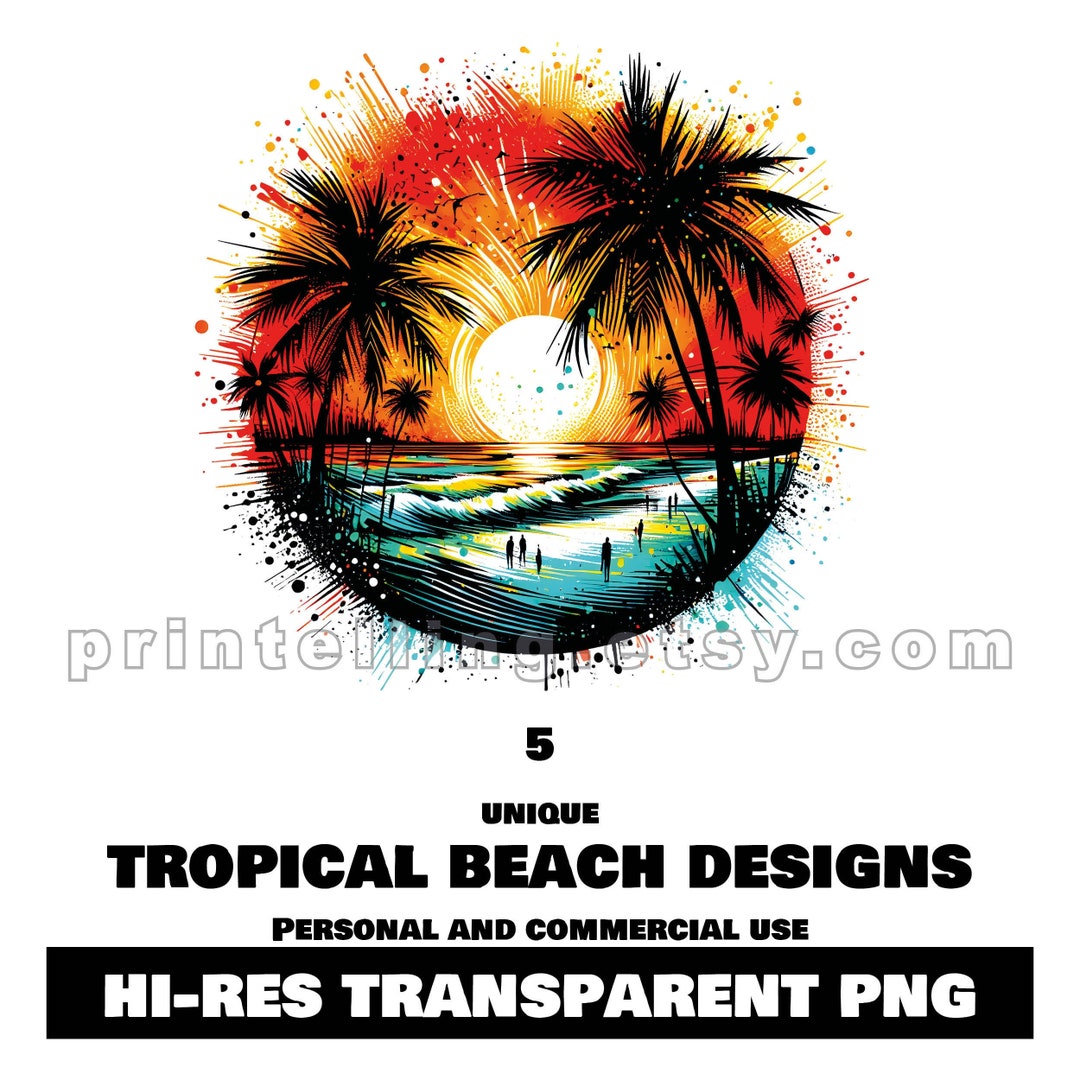 Tropical Beach Clipart Bundle: Palm Trees & Sunset (PNG, Commercial Use ...