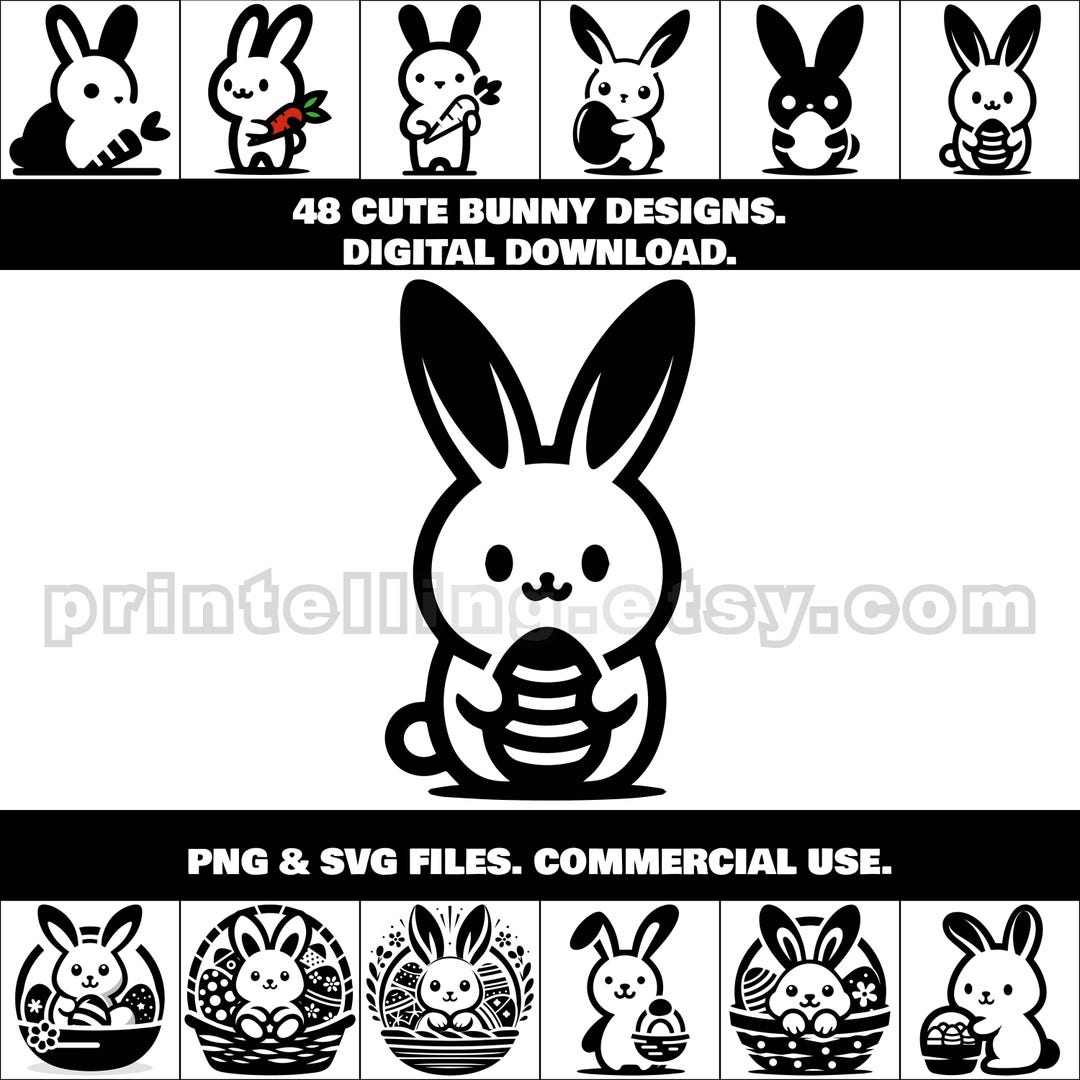 Cute Bunny SVG & PNG Bundle; 48 Kawaii Style Designs for Shirts, Decor ...