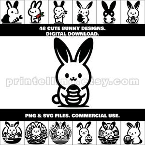 Cute Bunny SVG & PNG Bundle; 48 Kawaii Style Designs for Shirts, Decor, Wall Art, Stickers, Decals, Easter Merch, Laser and Cricut Crafts