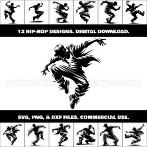 Paquete de SVG y PNG de chicos que bailan hip-hop; imágenes prediseñadas dinámicas para diseñar camisetas, arte mural, carteles, marcas de estudios de danza, productos, calcomanías y más