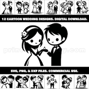 Cartoon Wedding SVG, PNG, DXF Clipart Bundle; 12 Cute Bride & Groom Images to Design Invitations, Cards, Decor, Cake Toppers, Cricut Crafts