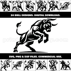 Bull SVG, PNG, DXF Clipart Bundle; 24 projekty na koszulki, sztukę ścienną, dekoracje, gadżety rodeo, logo i branding, naklejki, banery, Cricut Crafts