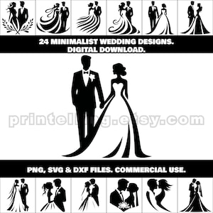 Puede incluir: Un conjunto de 24 diseños de boda minimalistas en blanco y negro. Los diseños presentan una novia y un novio en varias poses. El texto "24 MINIMALIST WEDDING DESIGNS. DIGITAL DOWNLOAD." está en la parte superior de la imagen. El texto "printellig.etsy.com" está en el centro de la imagen. El texto "PNG, SVG & DXF FILES. COMMERCIAL USE." está en la parte inferior de la imagen.