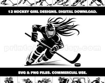 May include: Twelve black and white vector illustrations of hockey players in various poses. The illustrations are in a digital download format and include SVG and PNG files. The text "12 HOCKEY GIRL DESIGNS. DIGITAL DOWNLOAD." and "SVG & PNG FILES. COMMERCIAL USE." are included in the image.