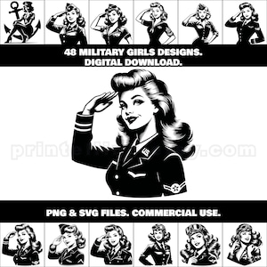 May include: Black and white illustration of a woman in a military uniform saluting. The text "48 MILITARY GIRLS DESIGNS. DIGITAL DOWNLOAD." and "PNG & SVG FILES. COMMERCIAL USE." are also included in the image.