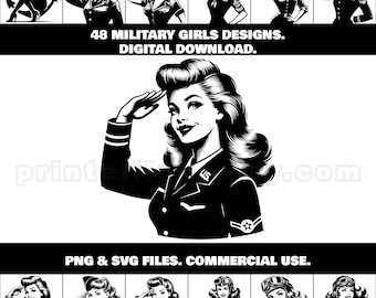 Military Girl SVG & PNG Bundle; 48 Pinup Style Designs; Commercial Use