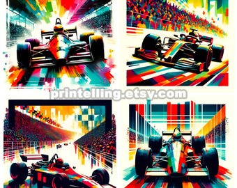Paquete de imágenes prediseñadas de coches de Fórmula 1, estilo Pop Art (descarga digital en formato PNG y SVG)