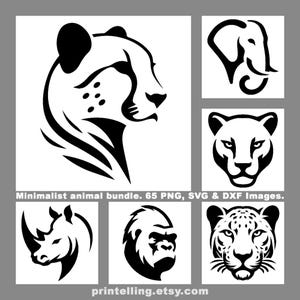 May include: A collection of minimalist black and white animal illustrations, including a cheetah, elephant, rhino, gorilla, and leopard. The text "Minimalist animal bundle. 65 PNG, SVG & DXF Images" is displayed.