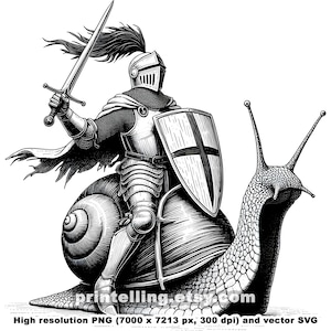 Knight Riding Snail PNG & SVG Design for Funny Shirts, Posters, Wall Art, Home Decor, Stickers, Mugs and More; Quirky Humorous Digital Art
