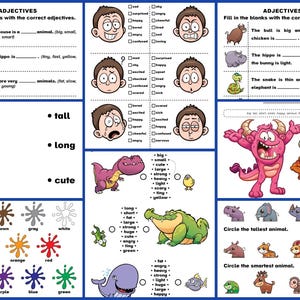 Puede incluir: Hoja de trabajo educativa con ilustraciones coloridas y texto. La hoja de trabajo incluye ejercicios para completar, actividades de emparejamiento y una sección para rodear a los animales más altos e inteligentes. El tema son los adjetivos y las características de los animales.